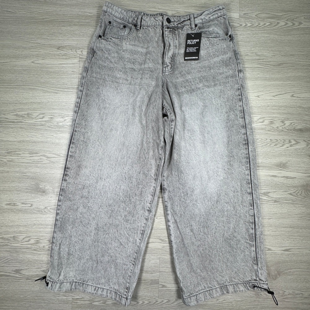 boohooMAN Men's Jeans Denim Parachute Washed Ice Grey 36 NWT Wide Leg Toggle Hem